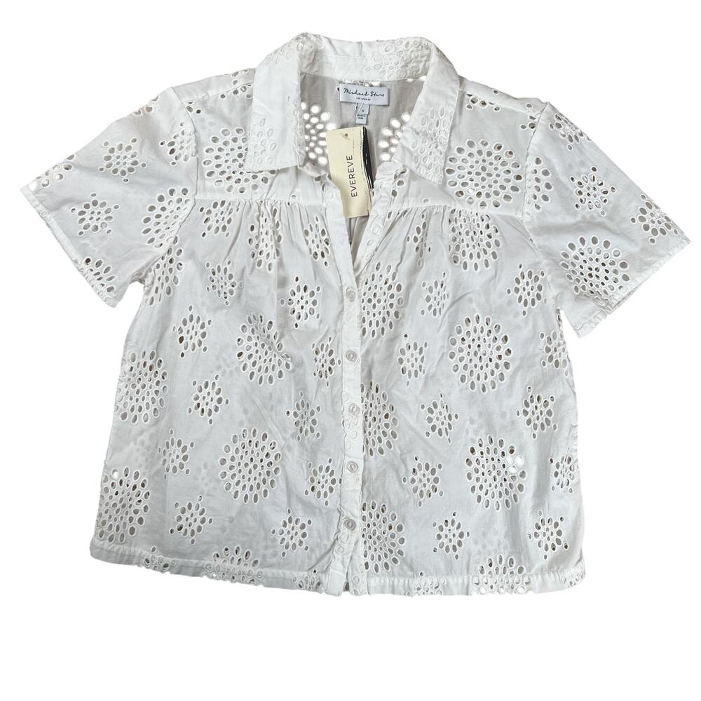 Michael Stars Button Down Womens S White Eyelet Short Sleeve Collared Cotton